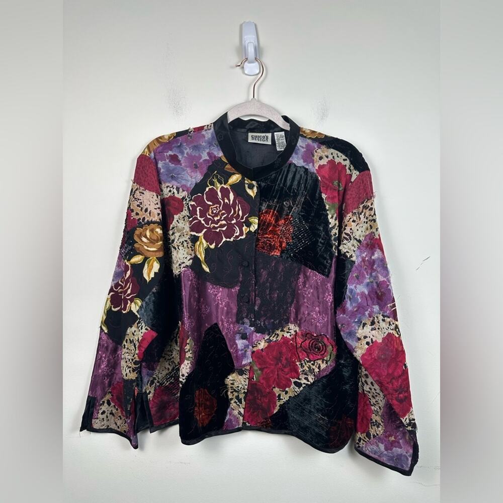 Chicos Vintage Silk Blend Patch Work Dark Romantic Floral XL EUC Velvet